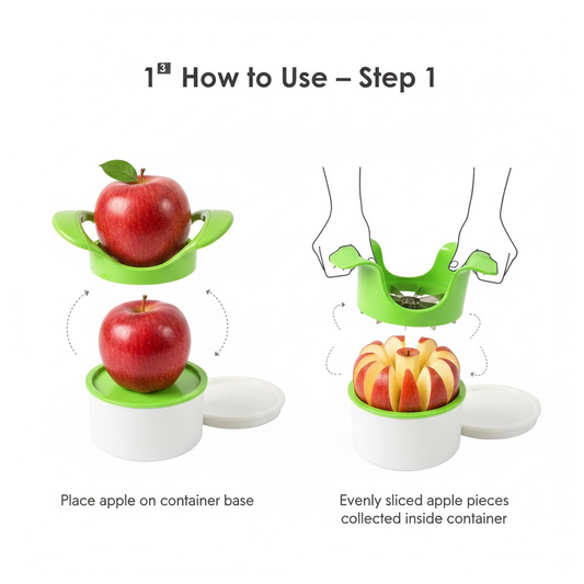 Close-up of sharp stainless steel blades of apple cutter with container