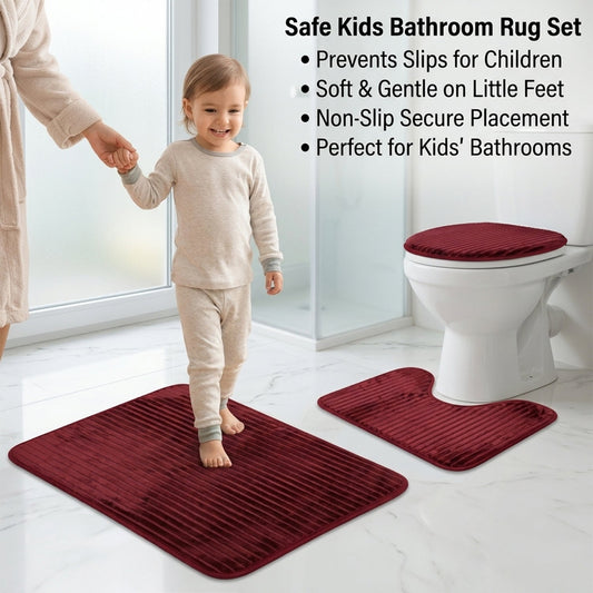 3 In 1 Anti Slip Bathroom Mat Set With Contour Mat And Lid Cover (3 Pc Set Mix Color)