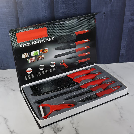 Kitchen Knife Set With Marble-coated Blades Red Handles (6 Pc)
