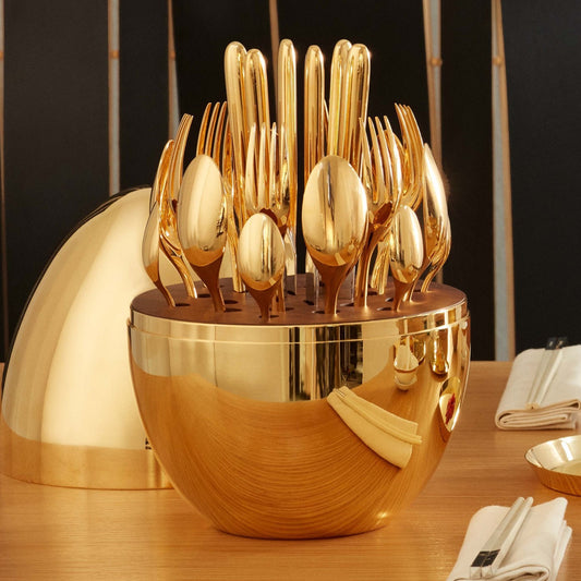 10010 Premium Cutlery Set 24 Pcs With Oval Shaped Stand Beautiful Stylish Oval Designed Cutlery Sets Egg-shaped Luxury Spoon Holder Set (Golden 24 Pcs Set)