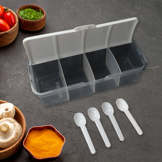 8263 Kitchen Multipurpose Air-tight 4 Sections Storage Containers Masala Boxpickle (Achar) Jar With 4 Spoon For Each Section (1 Pc Mix Color)