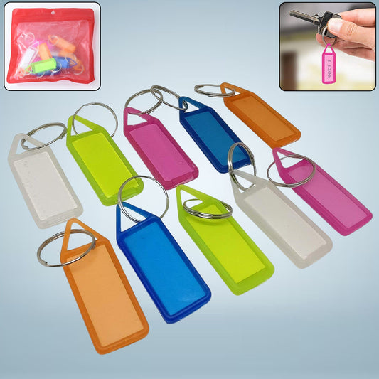 Set of 10 colorful plastic keychain tags with translucent design for key organization