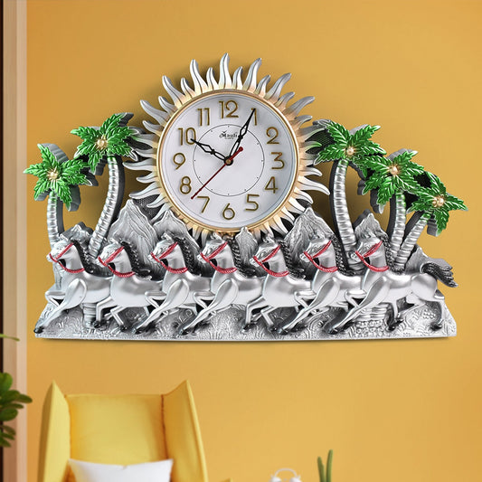 Plastic wall clock with running horse design and sunburst dial