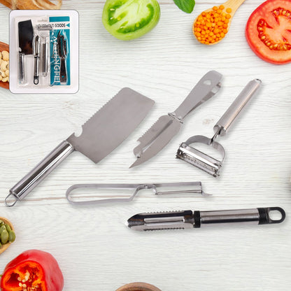 5-piece stainless steel kitchen gadget set featuring peeler, grater, and slicer for effortless food prep