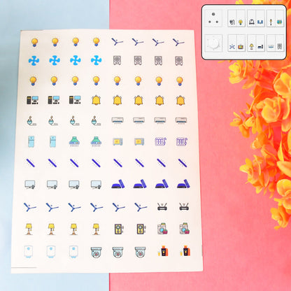 Switch Icon Sticker Sheet showing 88 visual labels for home and office switchboards