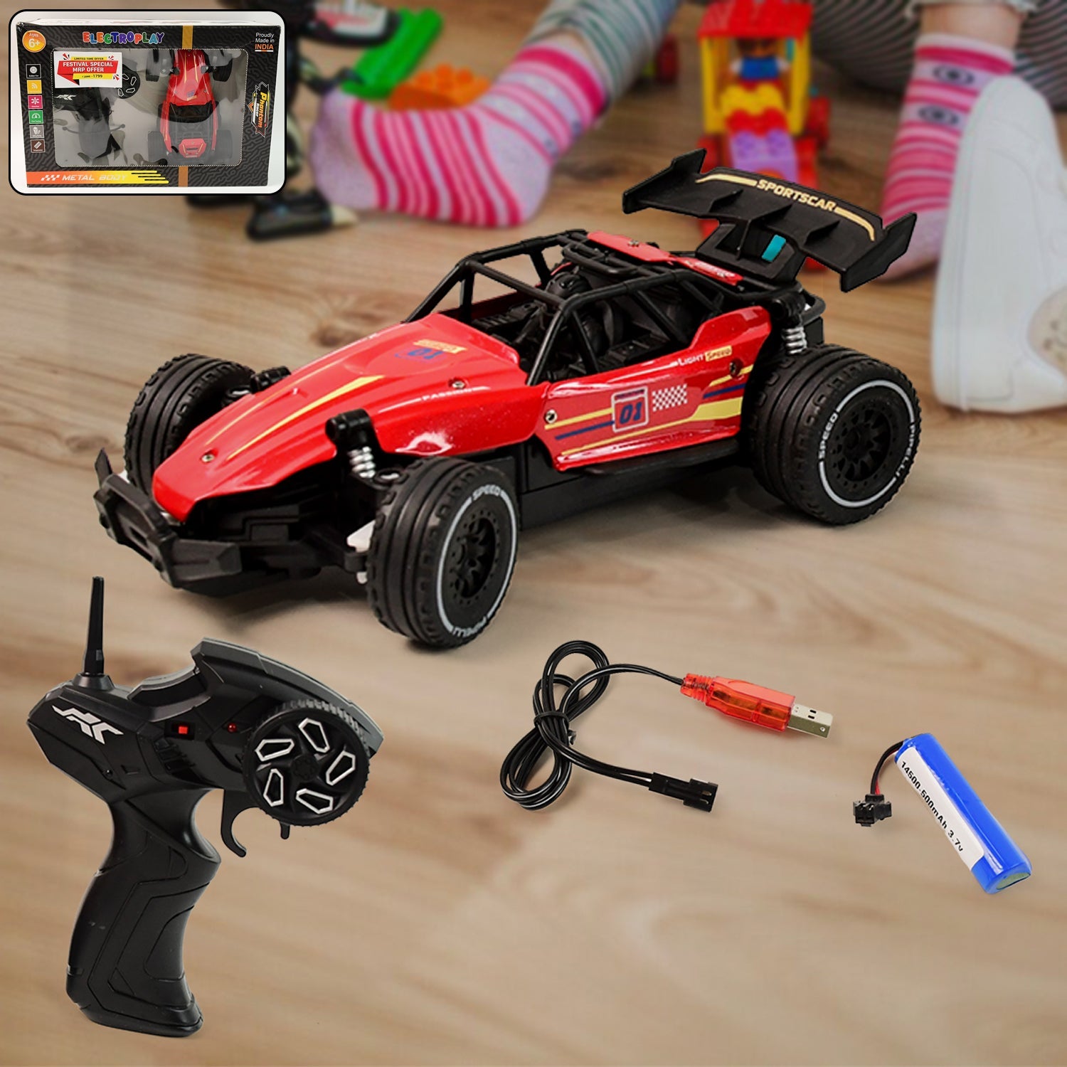 Front view of remote control red off-road racing car displaying rugged design