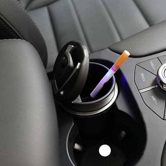 Portable car ashtray with secure lid and glowing blue LED light