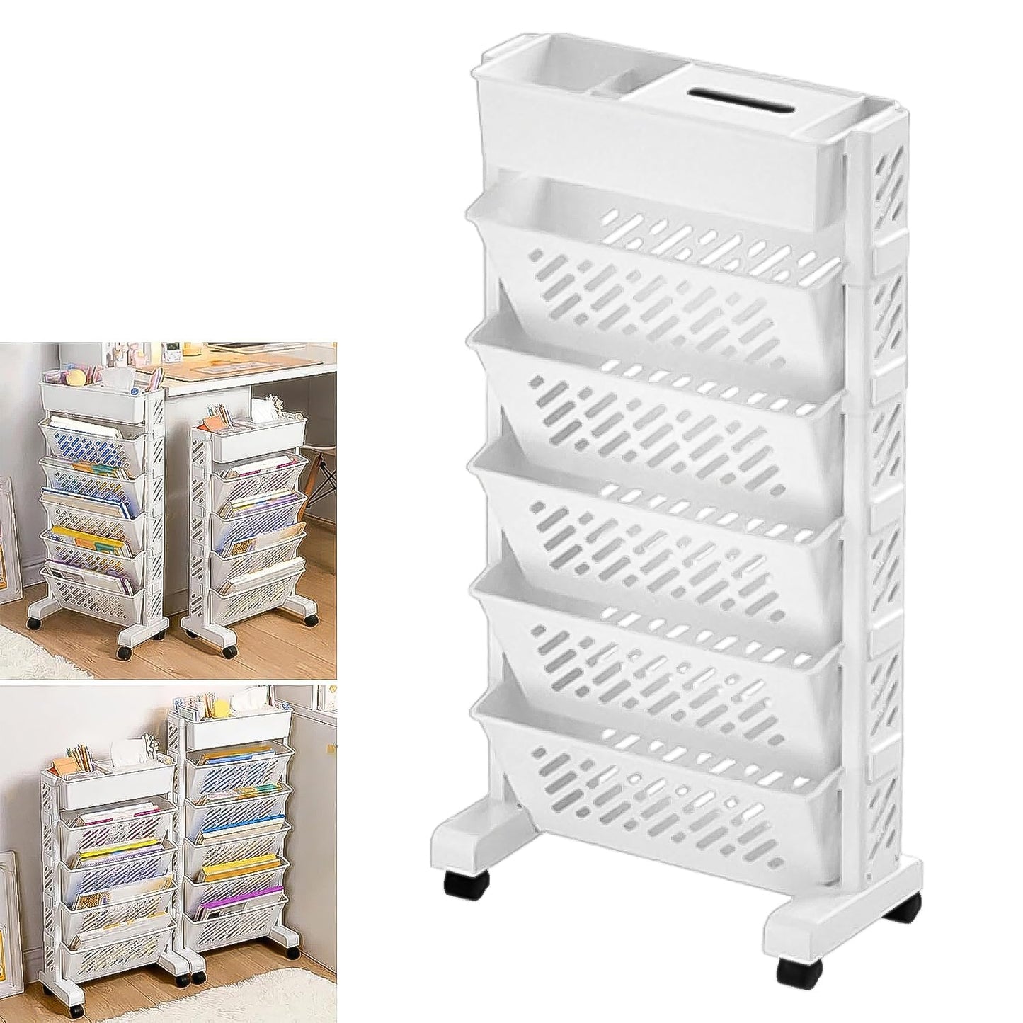 Large 5-tier movable plastic bookshelf with wheels in modern home setting