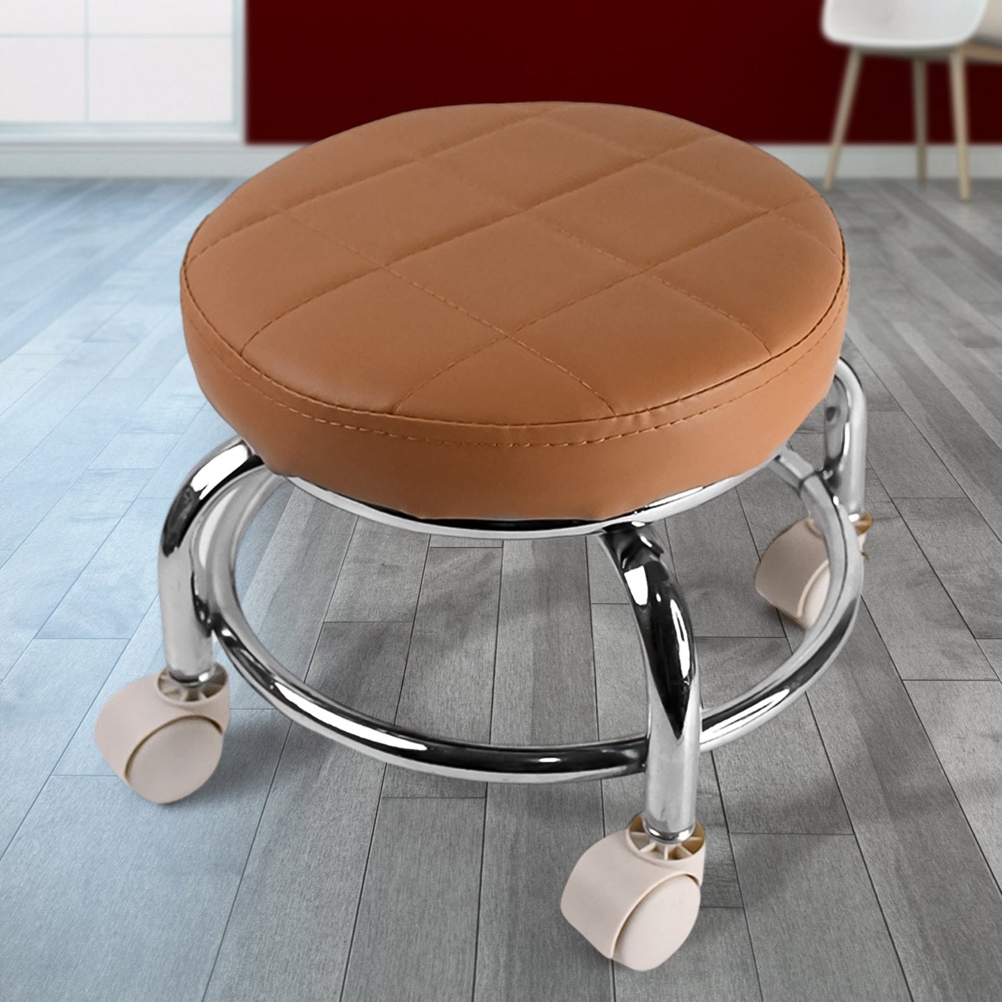 Rolling stool with heavy duty steel base and cushioned seat