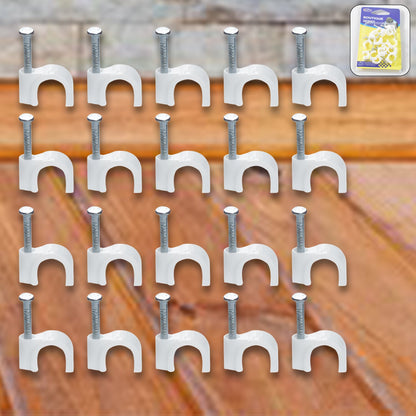 Close-up of steel nail gripping a plastic cable clip for dependable wire holding