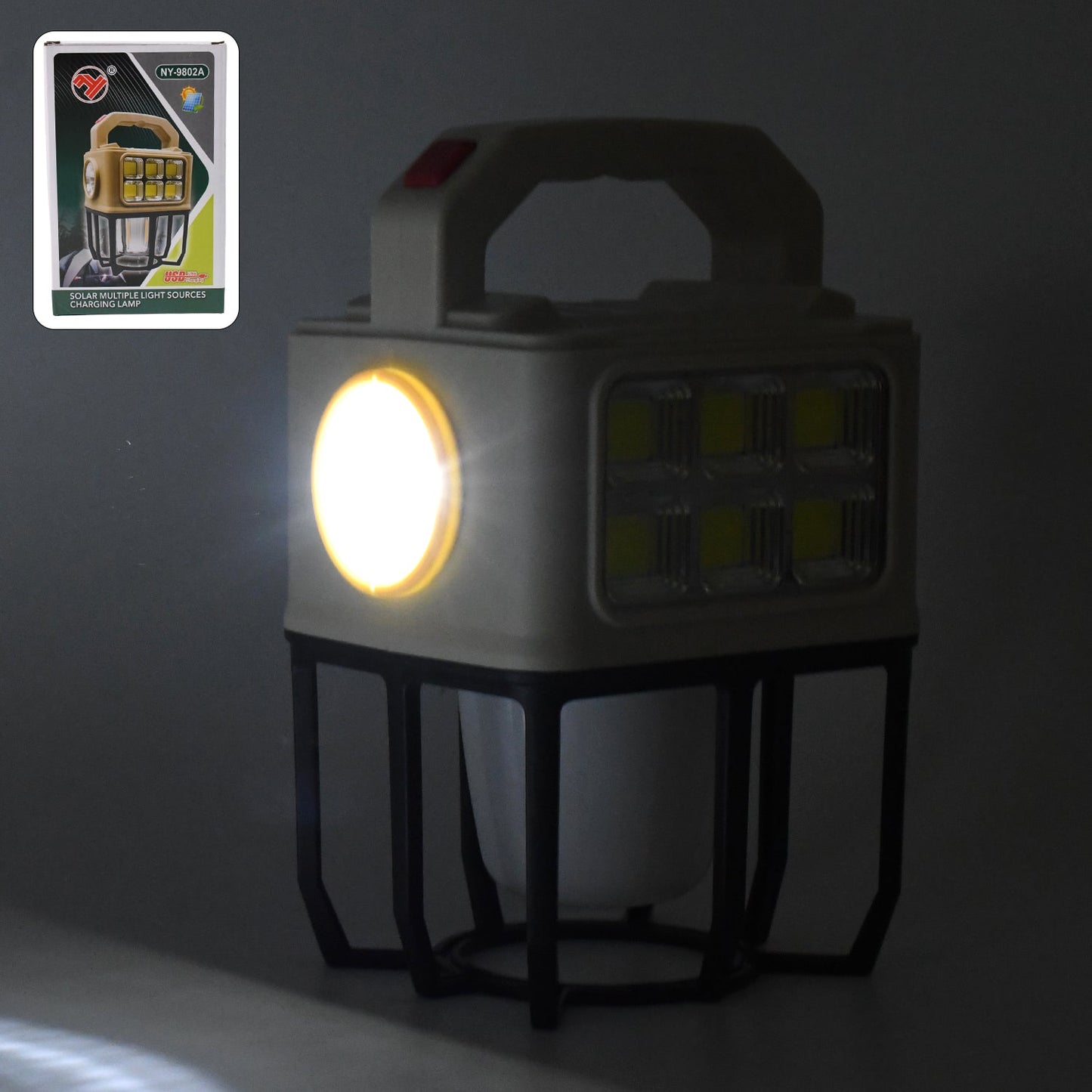 Sun beam from solar camping lantern emitting bright illumination