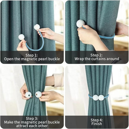 Two magnetic curtain tiebacks in use on patterned drapes