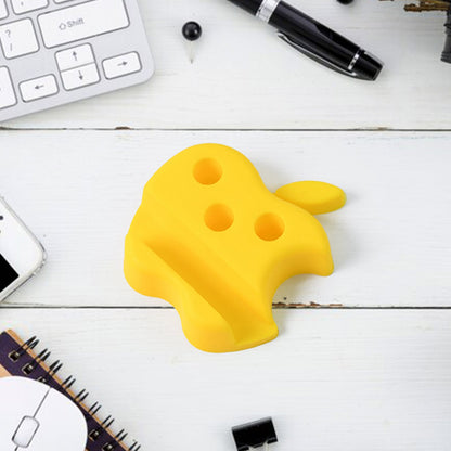 Side view of apple-shaped mobile stand with pen holder holding a smartphone