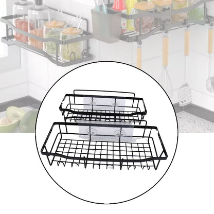Modern metal shower caddy with hooks for compact bathroom storage