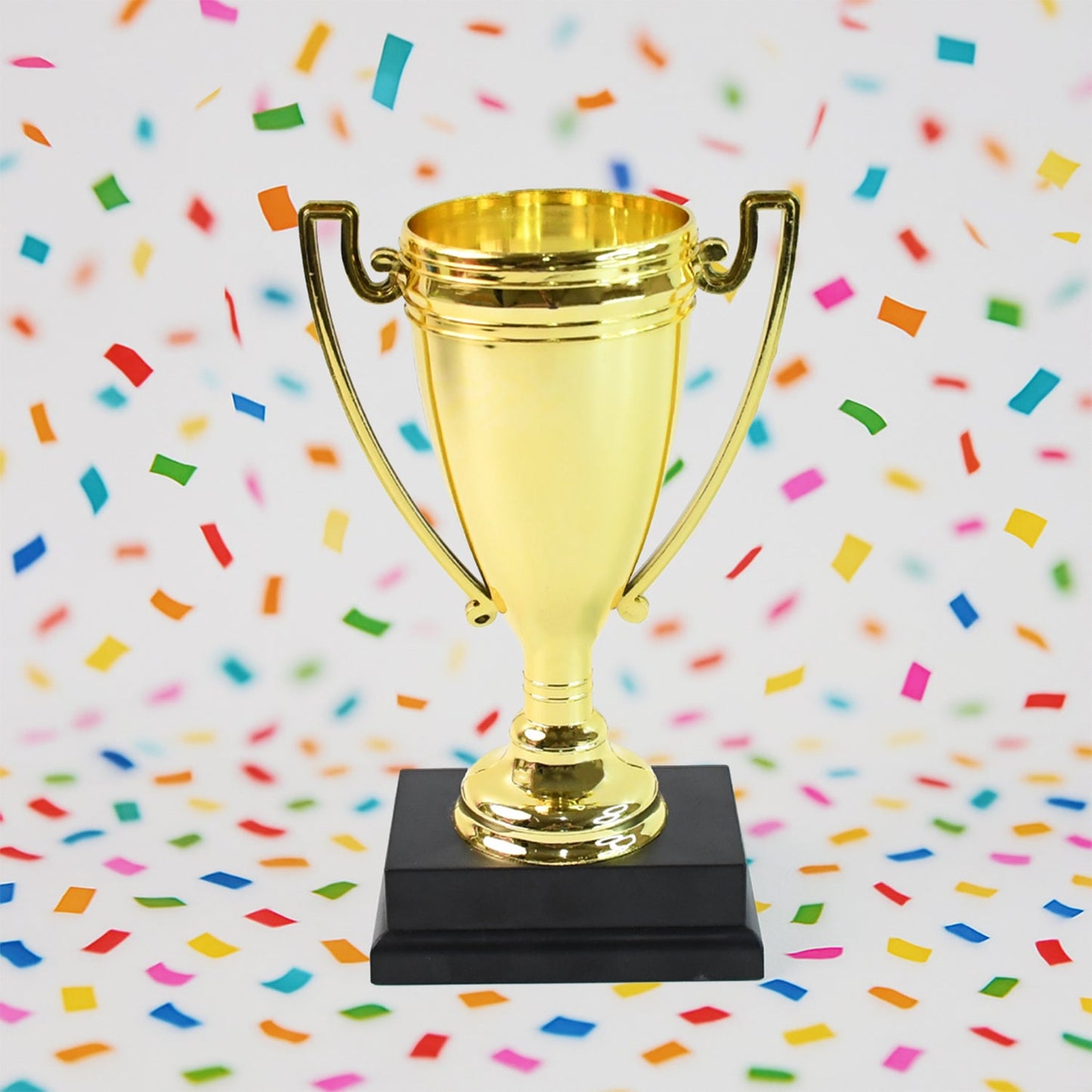 Golden Cheers Birthday Award plastic trophy with printed base label