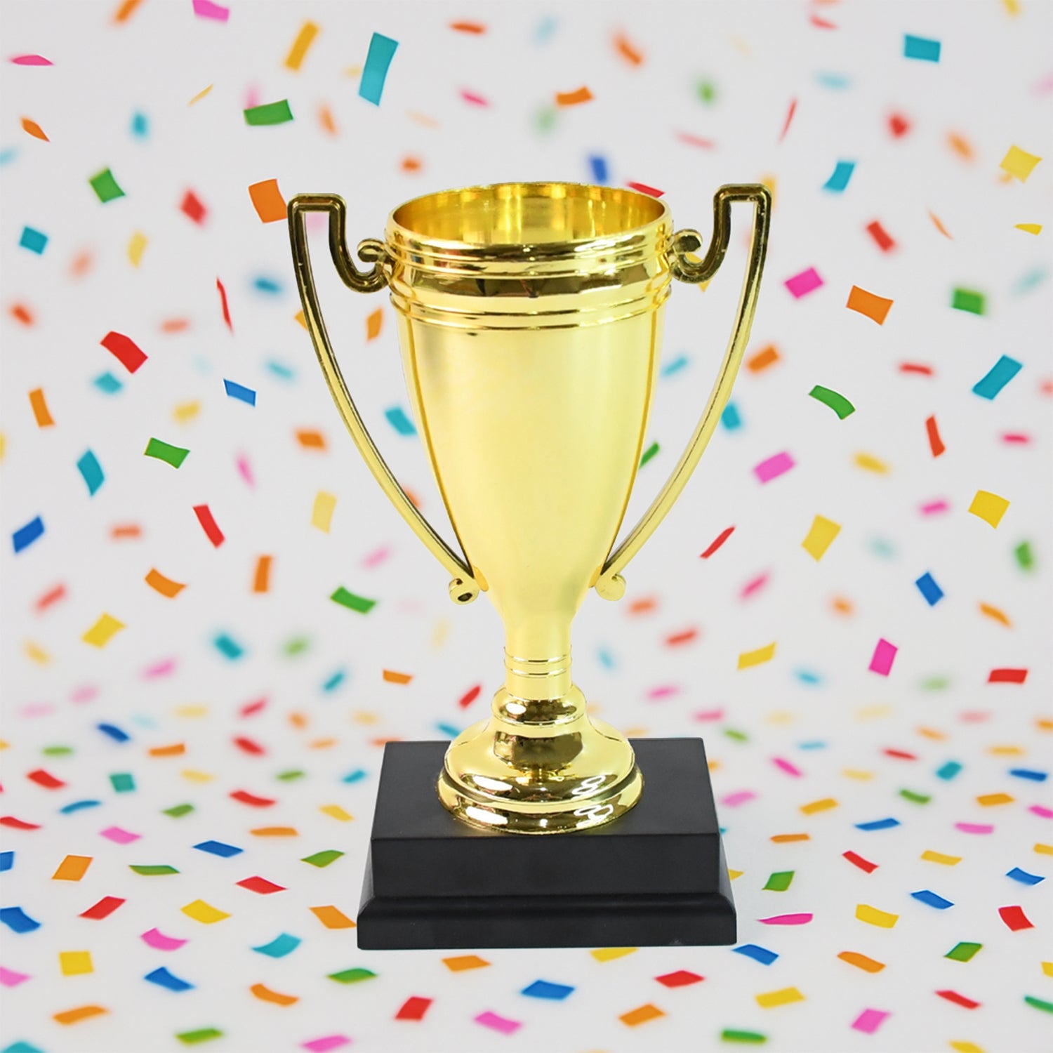 Golden Cheers Birthday Award plastic trophy with printed base label
