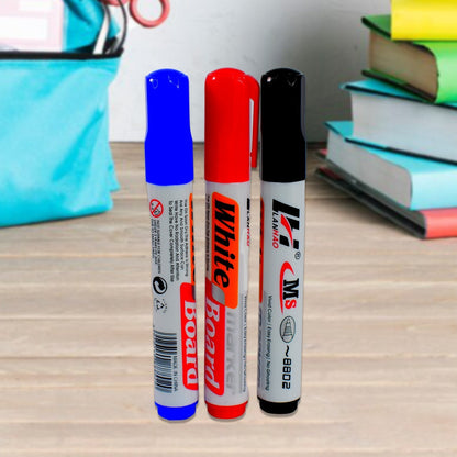 Whiteboard marker pack showing quick-drying ink colors and duster