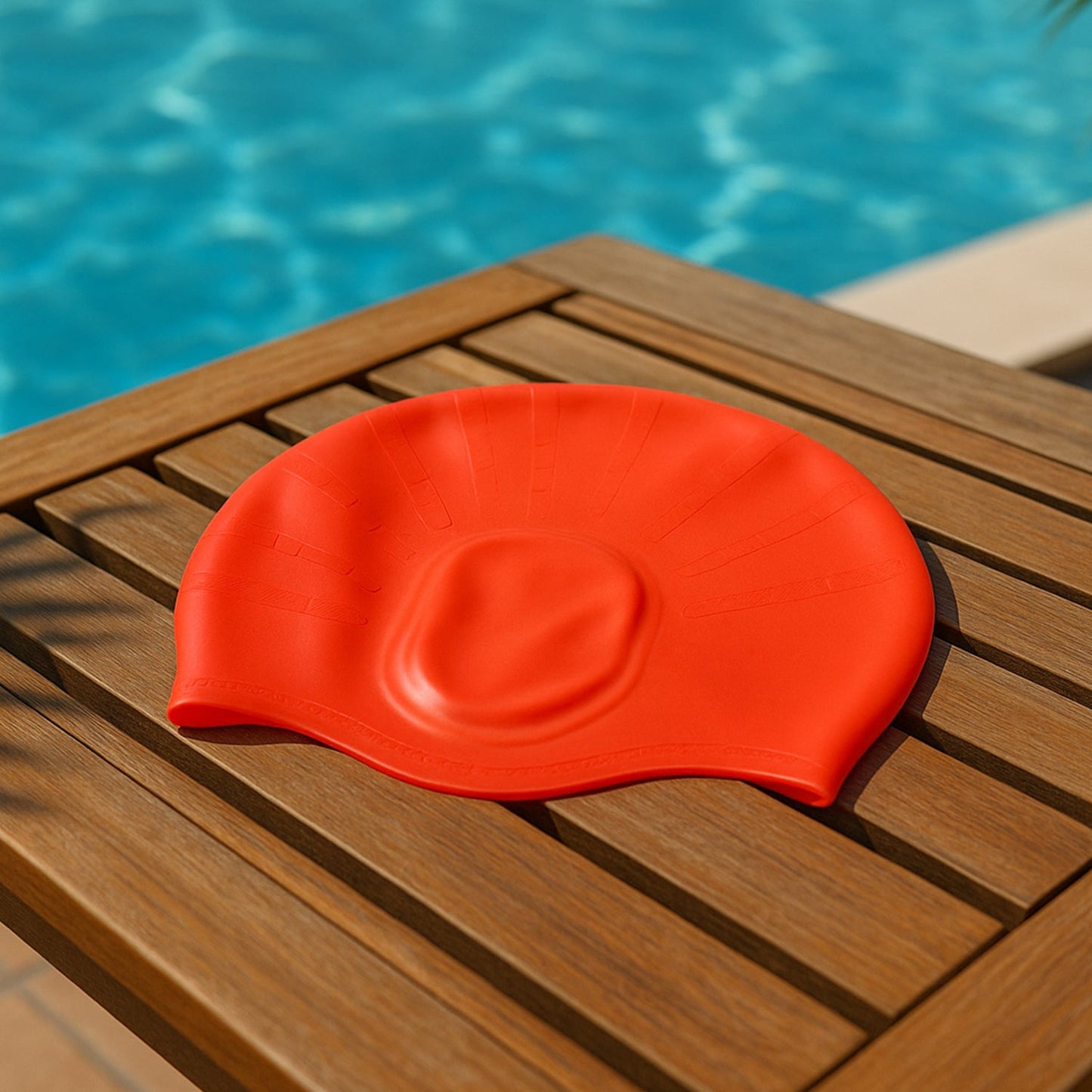 Swimmer wearing silicone swimming cap in pool