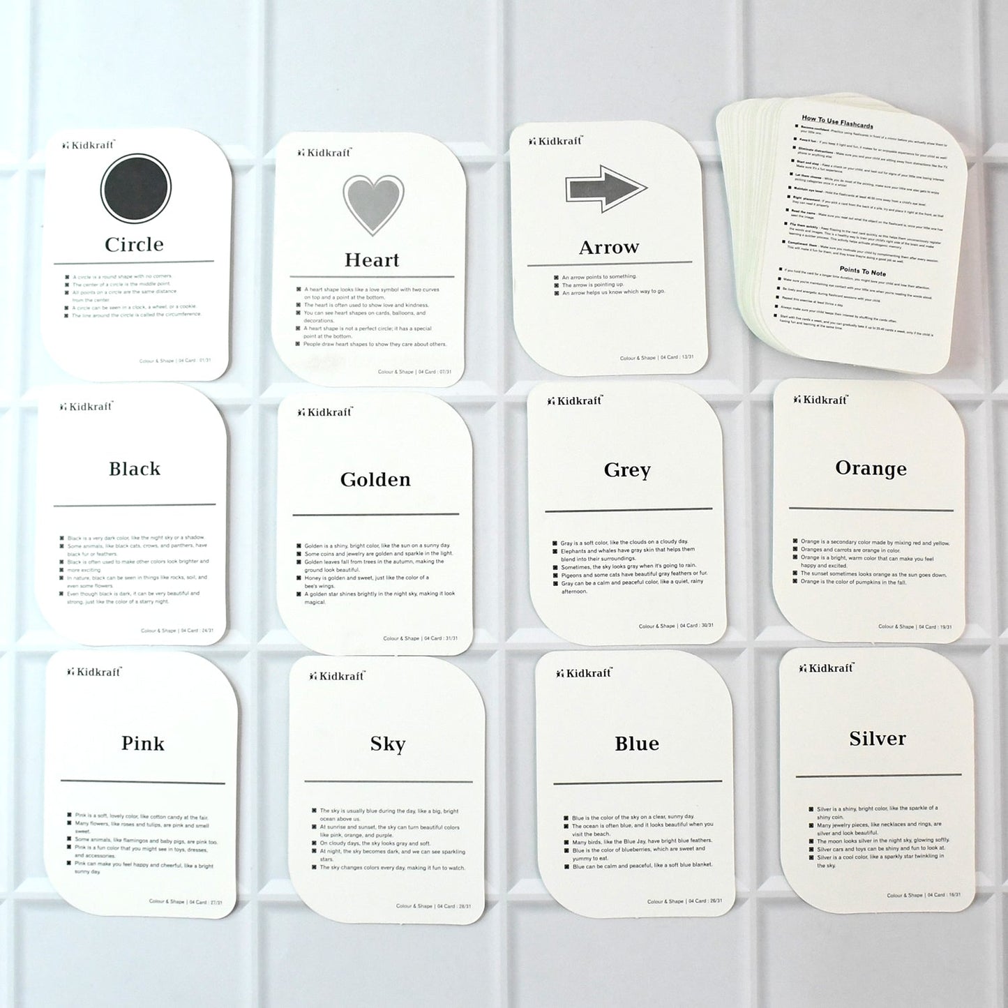 Complete 32-piece flashcard set featuring colors and shapes with bold text