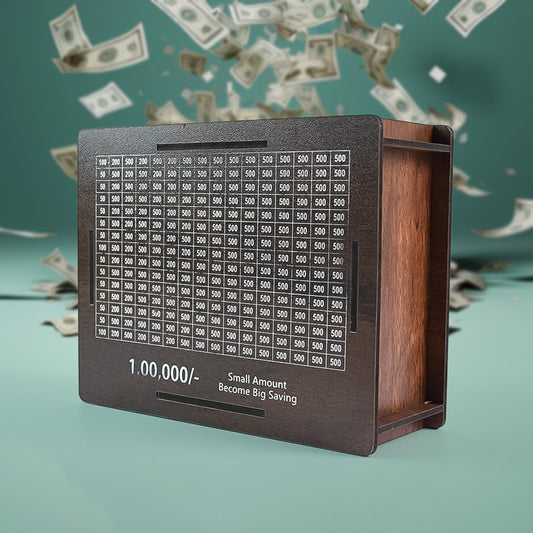 Wooden piggy bank money box with carved design for kids' savings