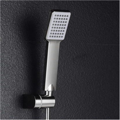 Person holding the handheld shower head, demonstrating its easy grip and versatile use.