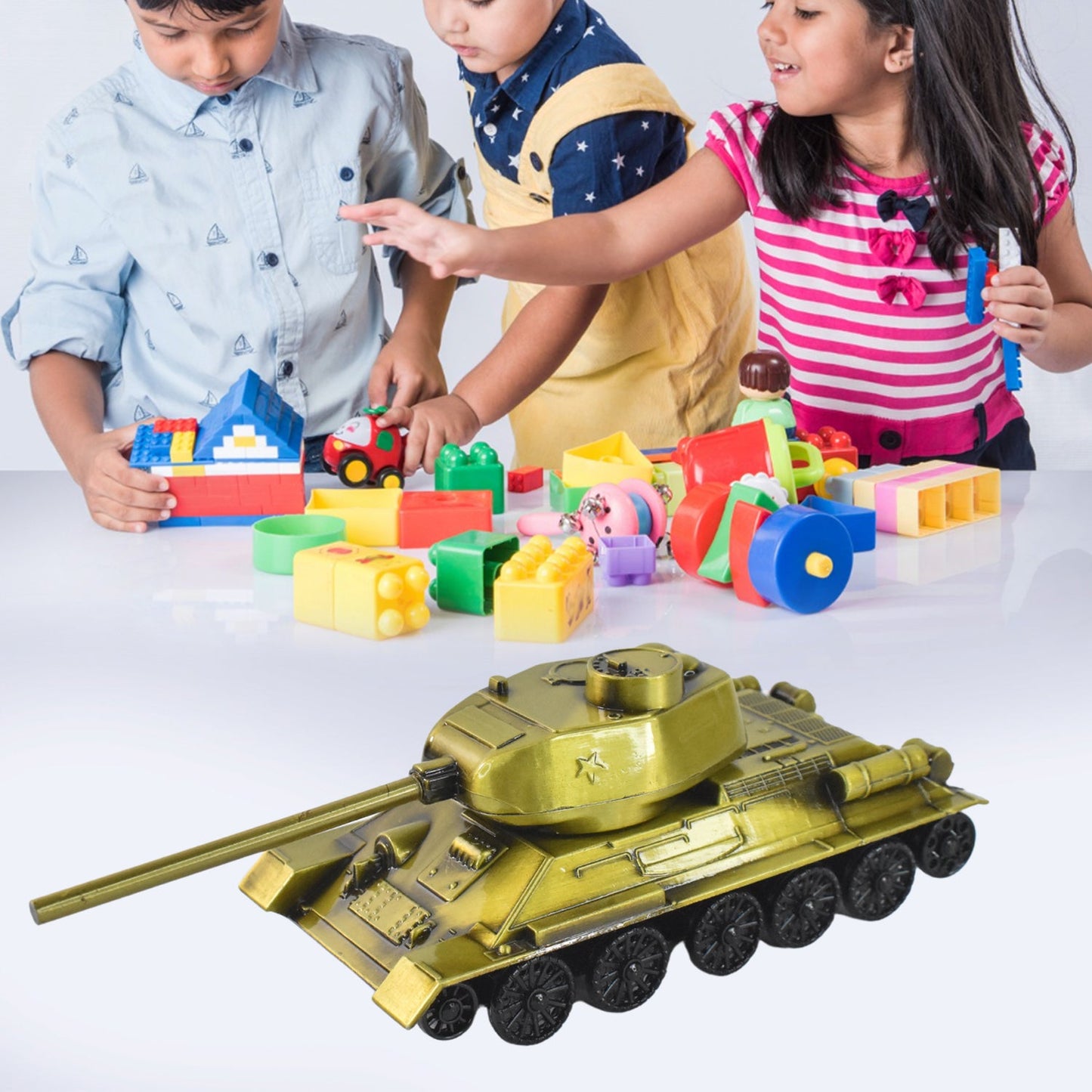 Close-up of retro iron tank model showing craftsmanship