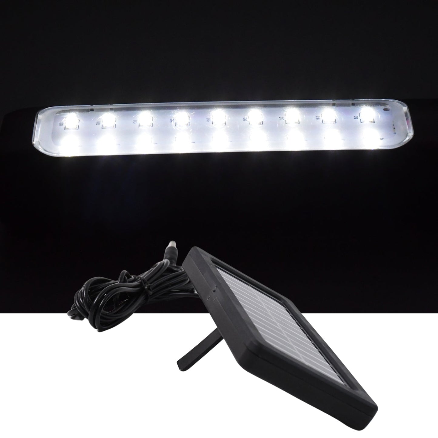 Eco shine mode lit on outdoor hanging solar LED light in garden setting