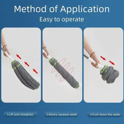 Alternative angle of stainless steel handle and microfiber mop head for home cleaning