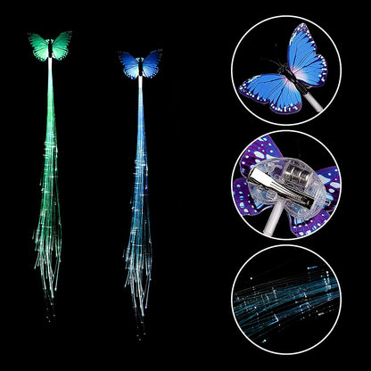Close-up of vibrant LED butterfly hair braid clip design