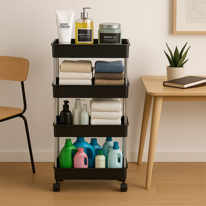 Alternate angle of movable storage rack trolley showing wheels and trays