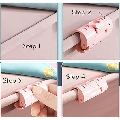 Close-up view of snap grip on quilt corner using elastic bed sheet clip