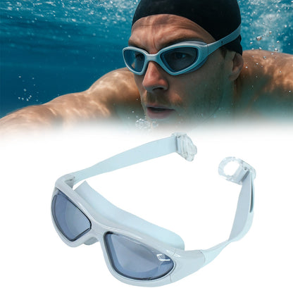 Hard protective case included with wide vision swimming goggles