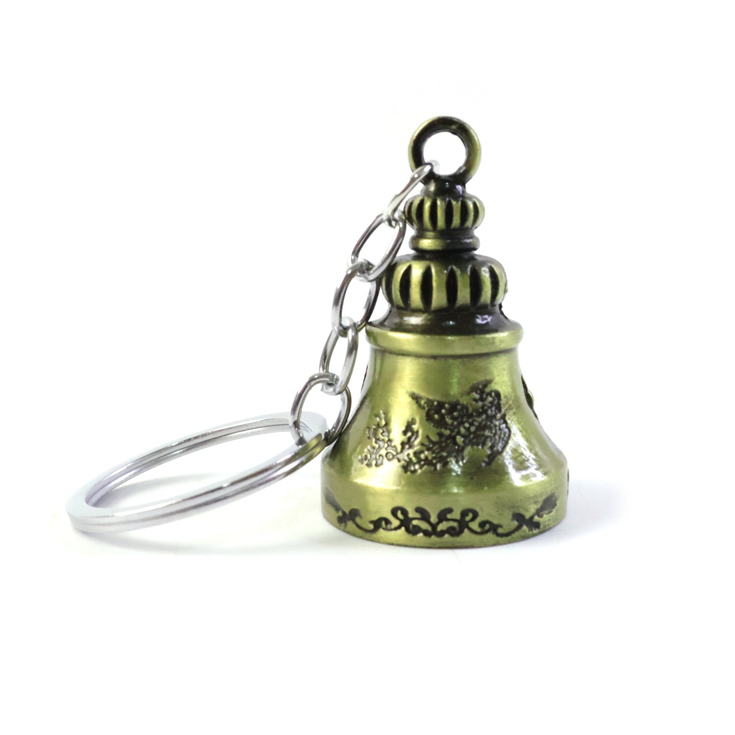 Assortment of metal temple bell keychains in various finishes, highlighting their charm.