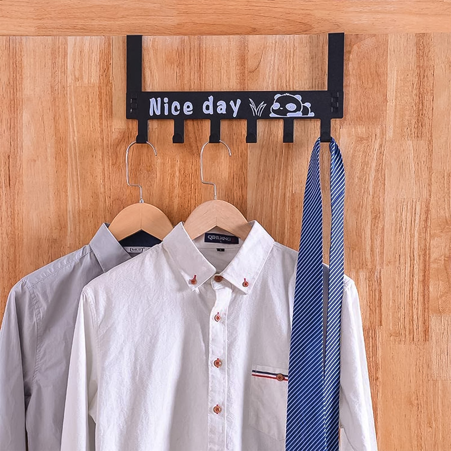 Close-up of heavy-duty black carbon steel hooks on over door rack