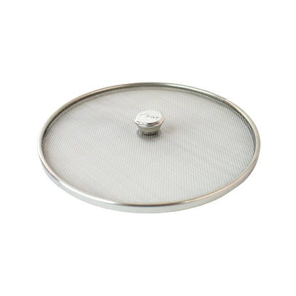 Close-up of ergonomic heat-resistant handle on stainless steel splatter guard