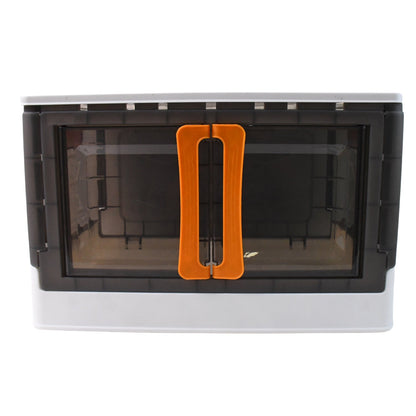 Plastic storage box folded flat to save space when not in use