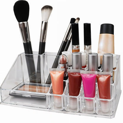 Top view of acrylic makeup organizer showing 16 clear compartments