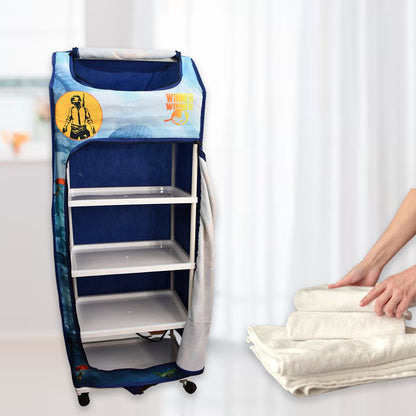 Close-up of foldable baby wardrobe's sturdy metal frame and zippered fabric cover