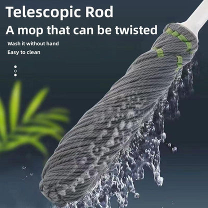 Stainless steel handle mop placed on floor, ideal for hardwood and tile surfaces