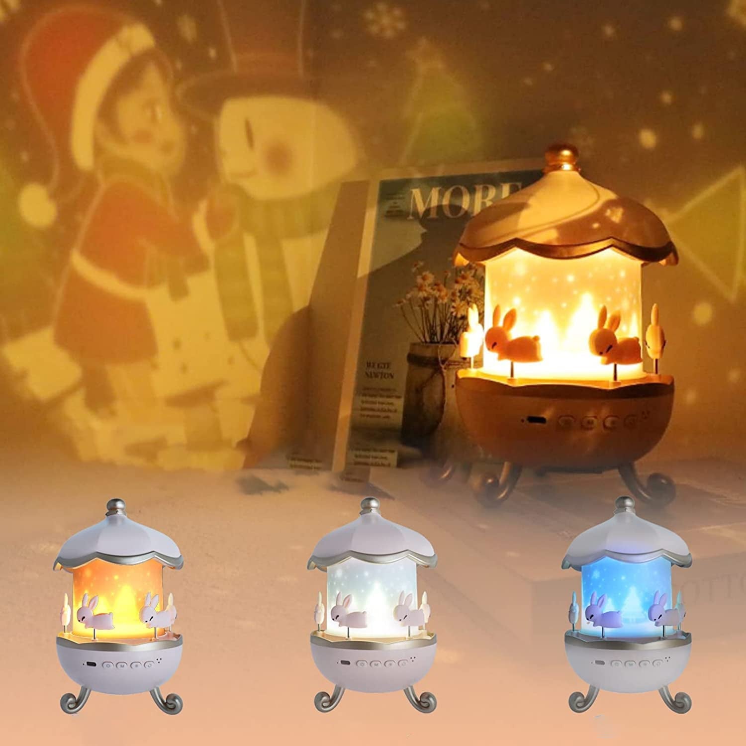 Rotating bunny carousel LED night light suitable for baby room décor