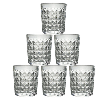 A stack of elegant diamond-cut glass tumblers, illustrating their compact storage and design.