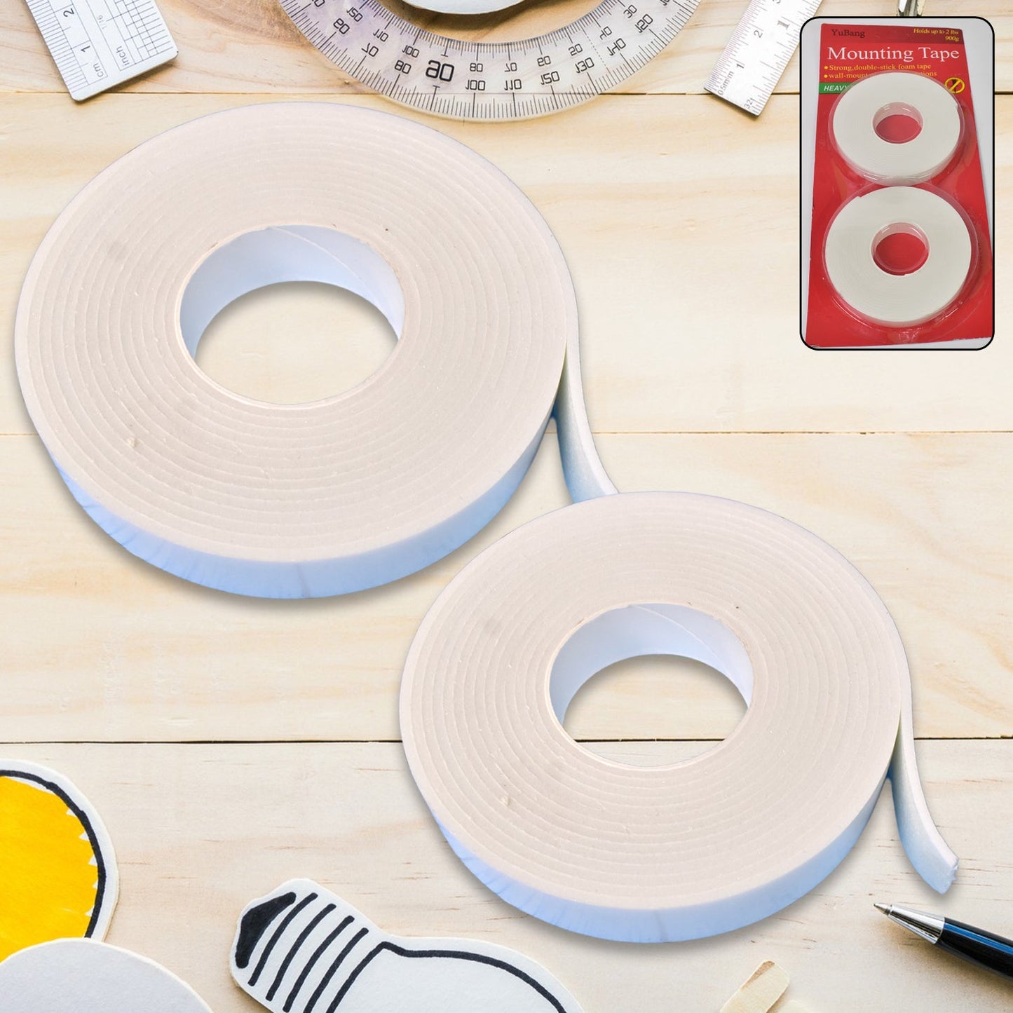 Strong double sided foam mounting tape set displayed for home and office use