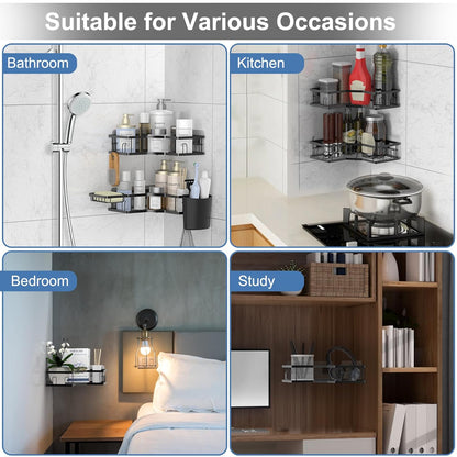 Iron-coated stainless steel corner shelf organizer holding bath accessories like razors and sponges
