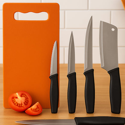 Tempered stainless steel kitchen knives next to plastic chopping board