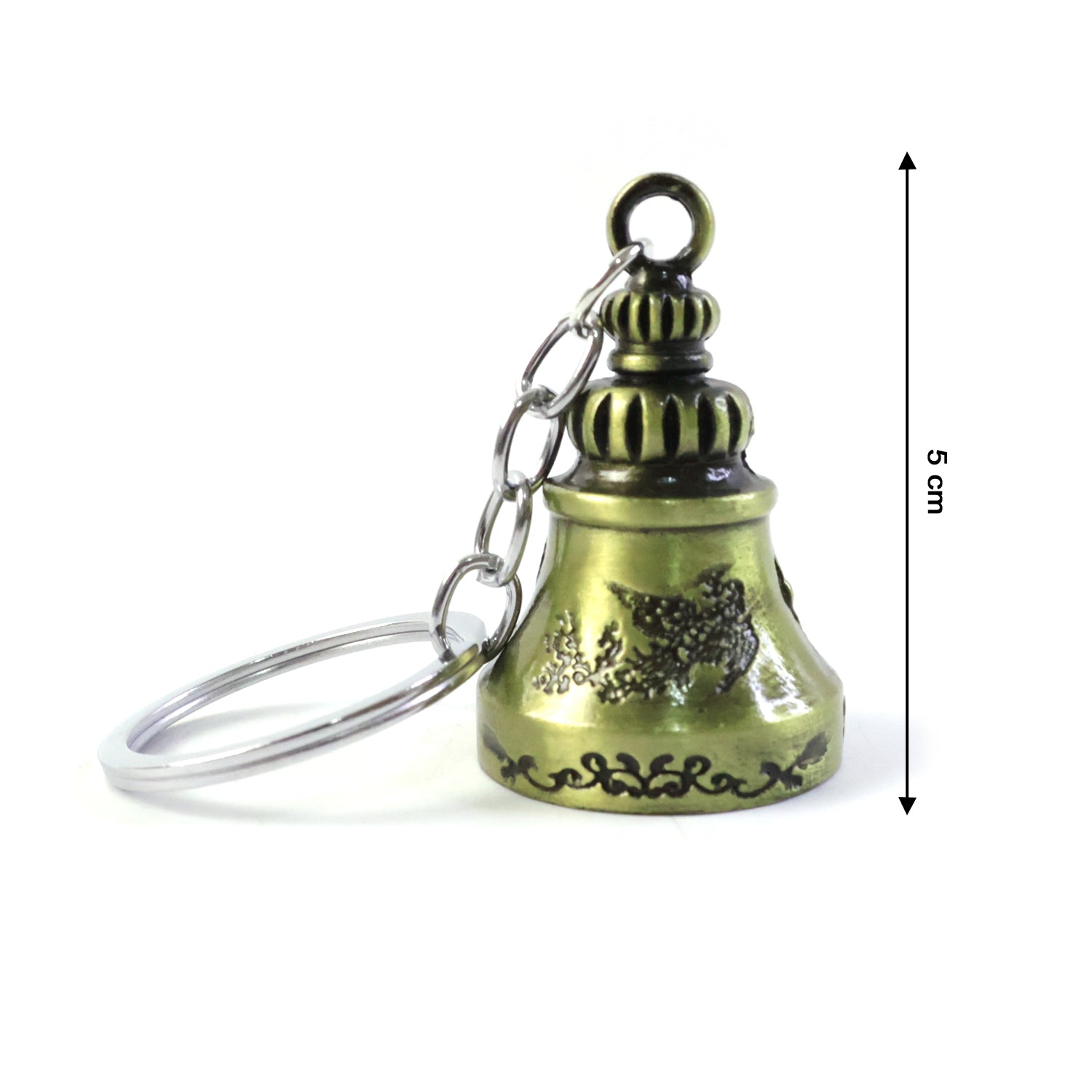 A metal temple bell keychain held in hand, illustrating its compact size and design.
