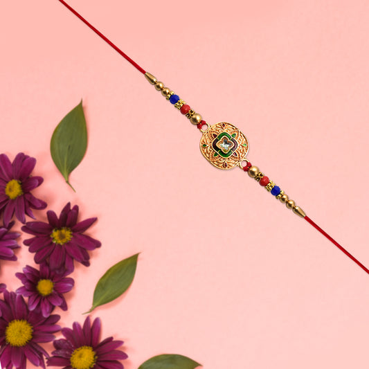 Traditional Kundan Rakhi With Antique Gold Finish  Multicolor Beads