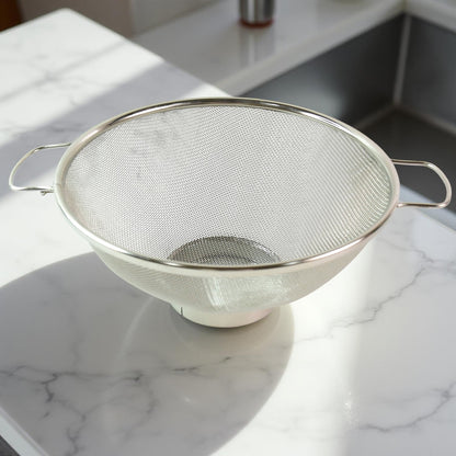 Dual ergonomic welded handles on stainless steel colander for easy grip