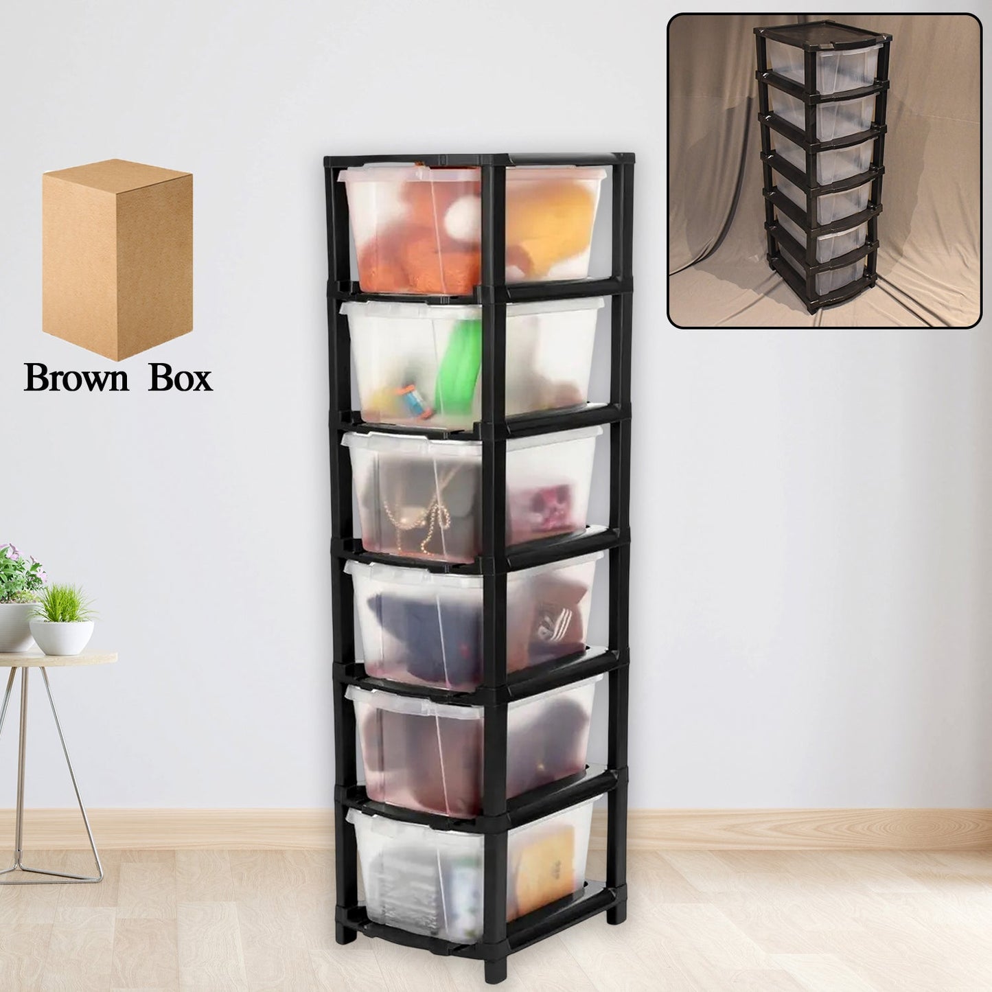 Front view of 6-layer modular plastic drawer storage cabinet showing transparent drawers