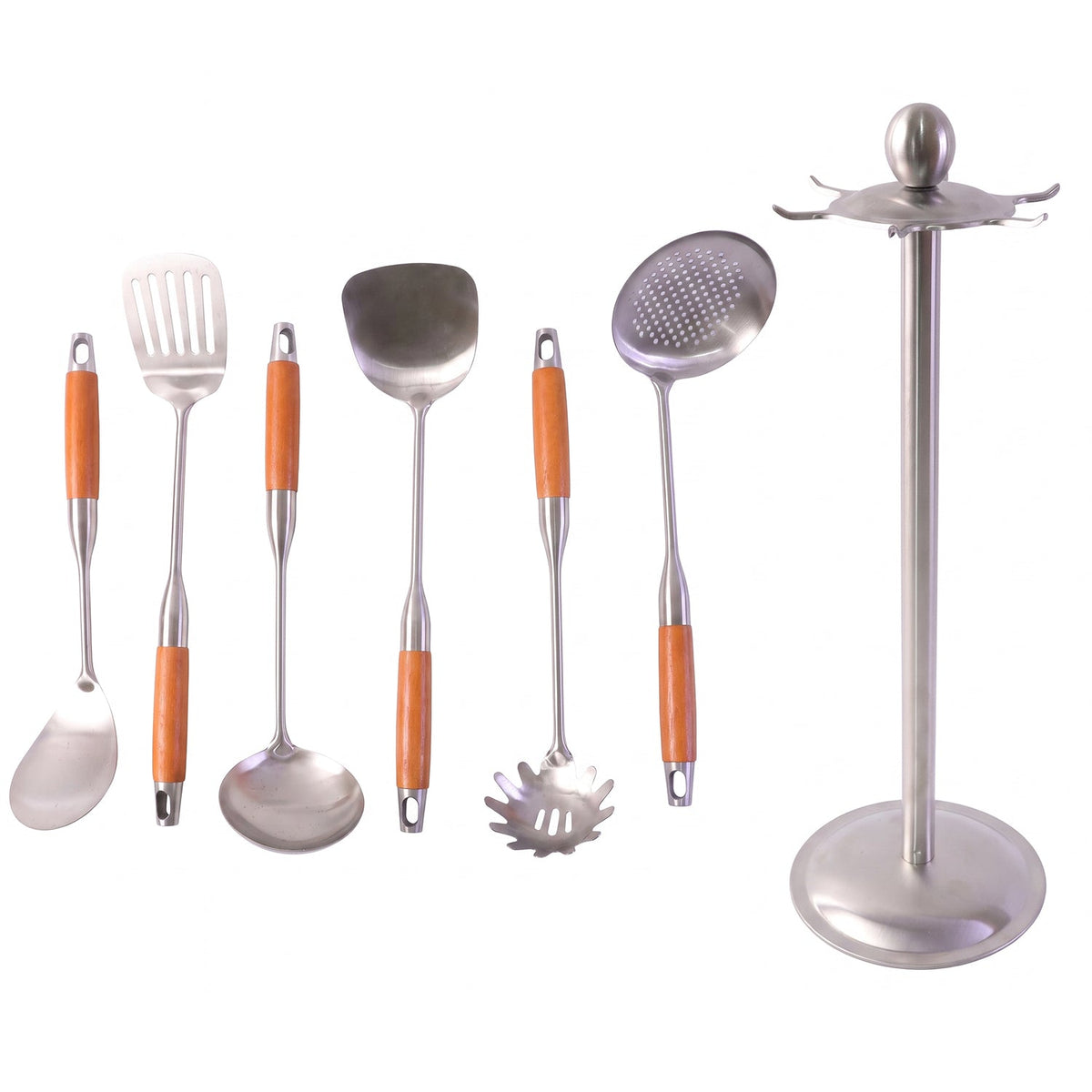 7 In 1 Stainless Steel Kitchen Tool Set With Wooden Handles And Stand (1 Set)