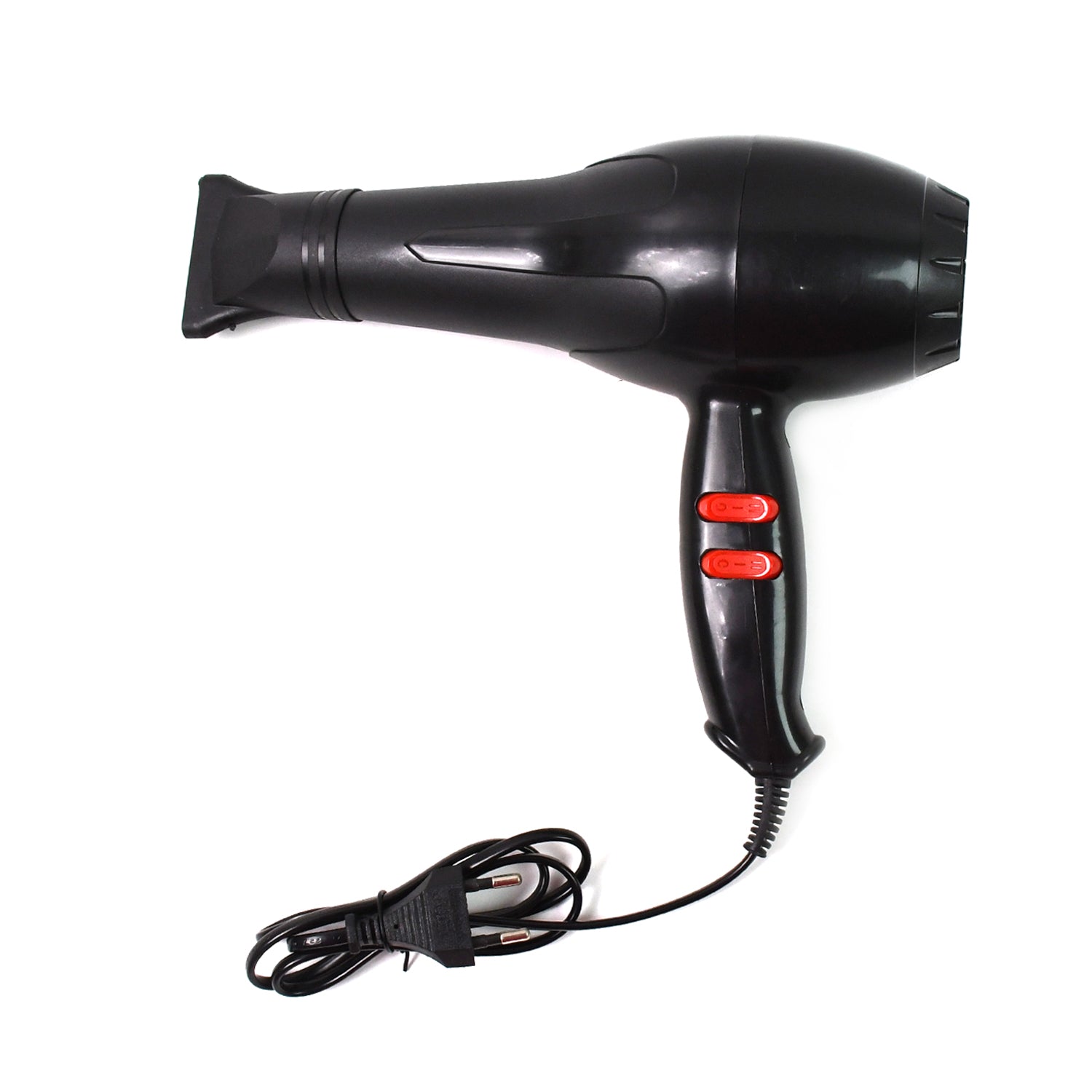 Professional hair dryer with nozzle attachment on a white background.